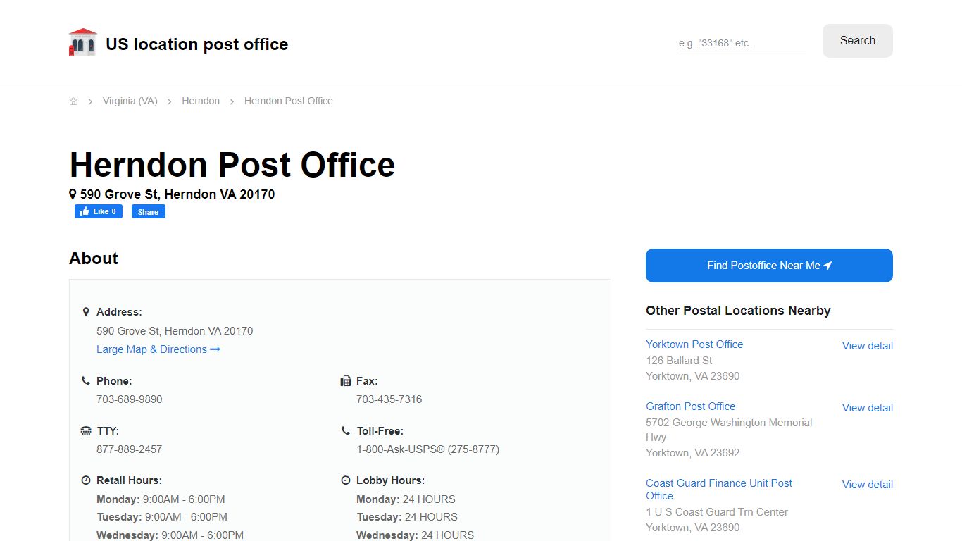 Herndon Post Office, VA 20170 - Hours Phone Service and Location
