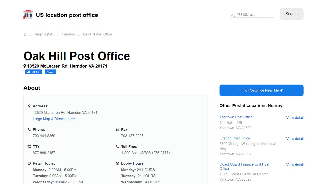 Oak Hill Post Office, VA 20171 - Hours Phone Service and Location